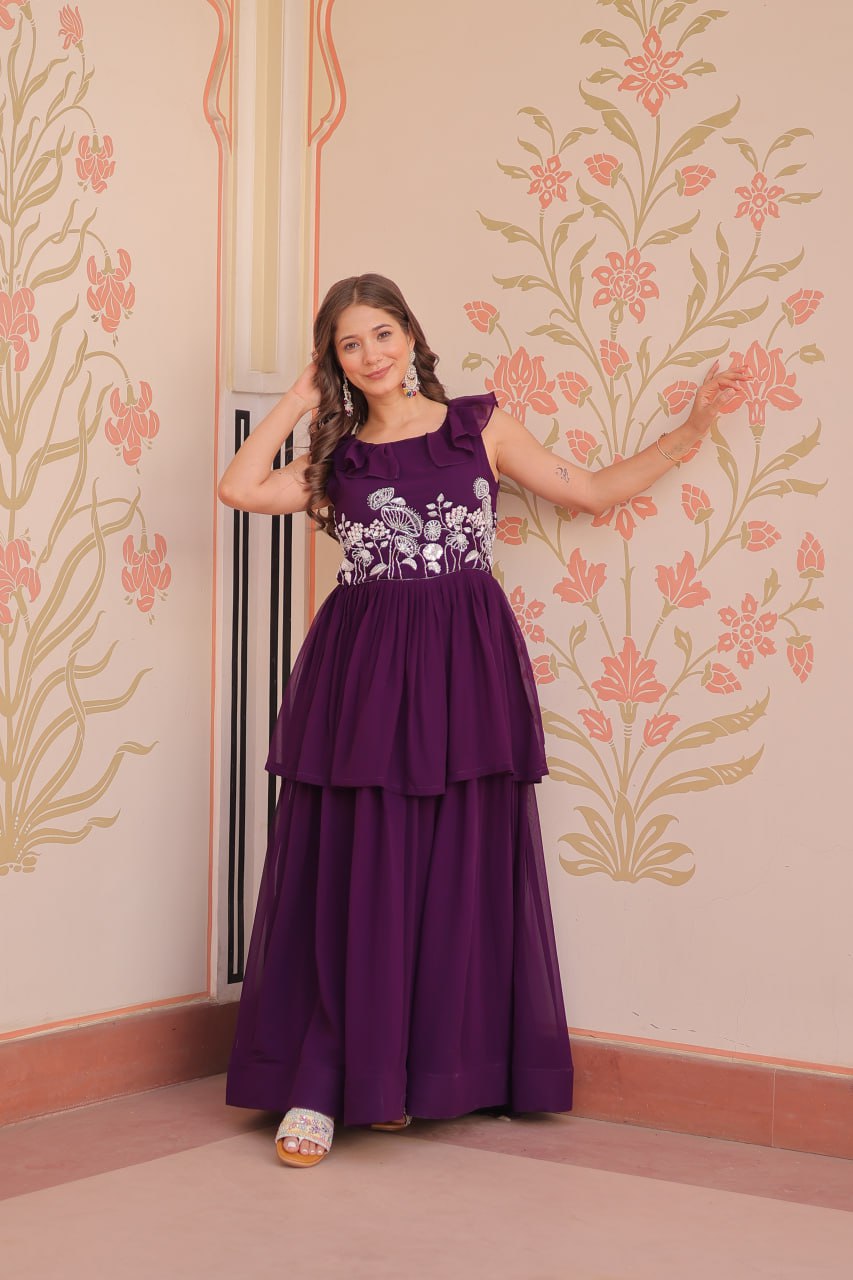 Purple Faux Blooming With Beads Embroidered Work Gown