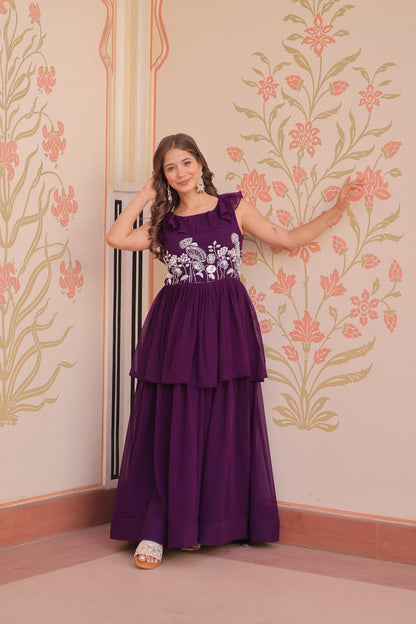 Purple Faux Blooming With Beads Embroidered Work Gown