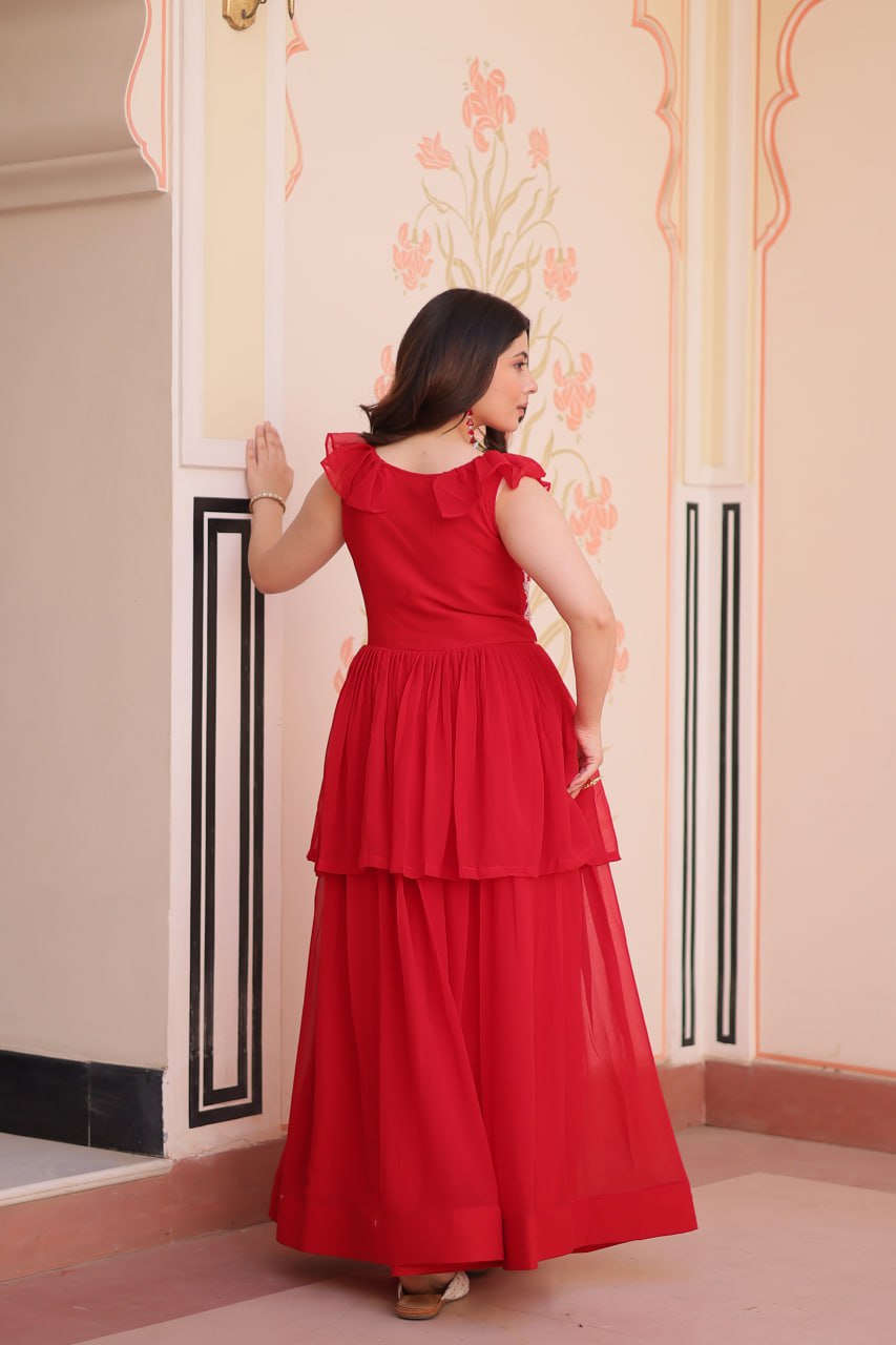 Red Faux Blooming With Beads Embroidered Work Gown
