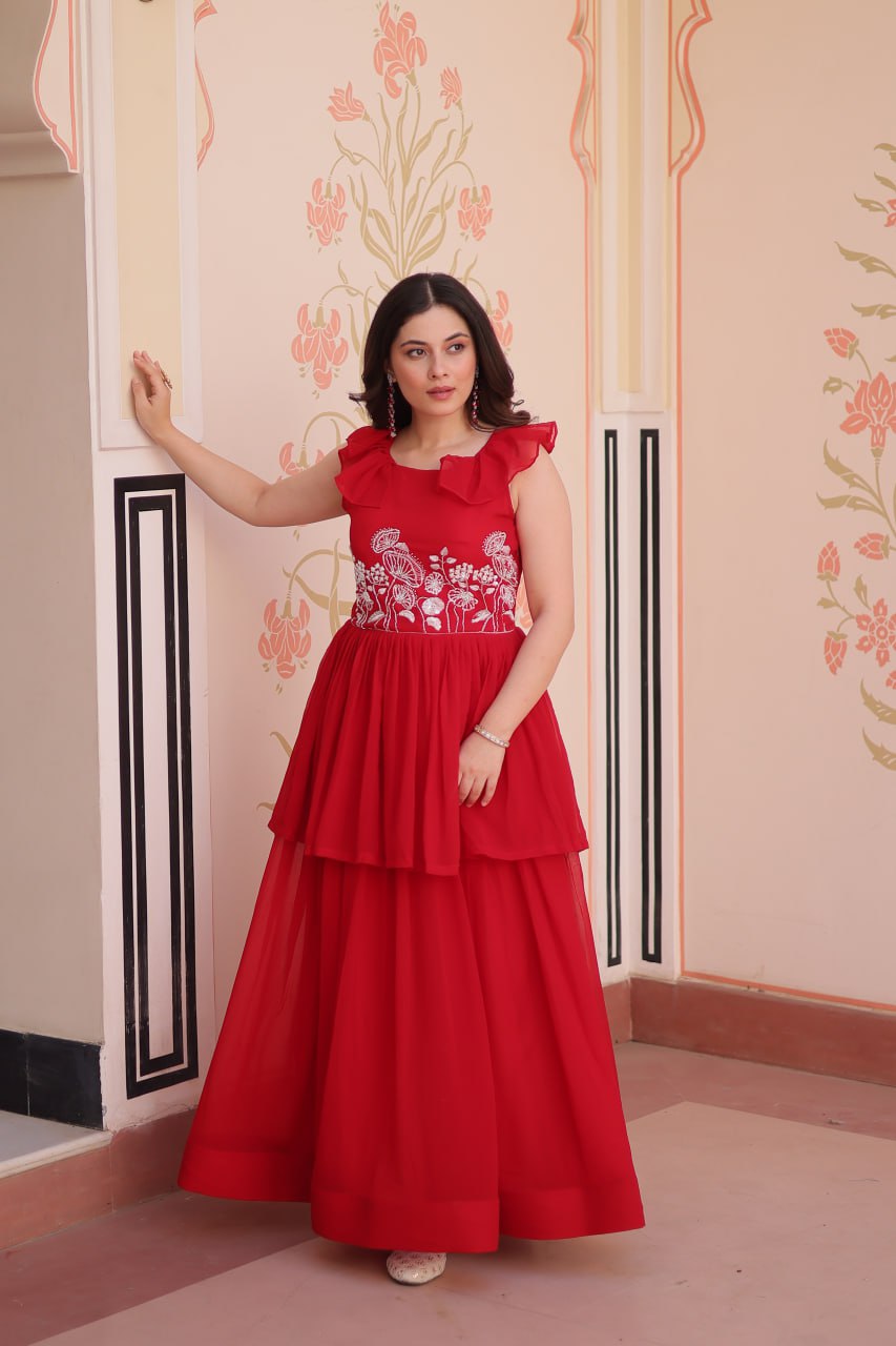 Red Faux Blooming With Beads Embroidered Work Gown