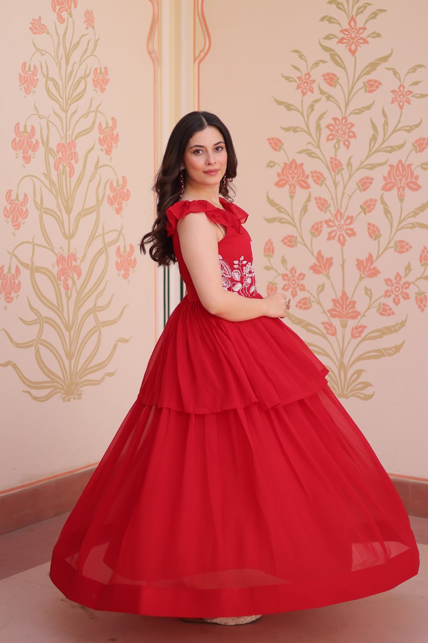 Red Faux Blooming With Beads Embroidered Work Gown