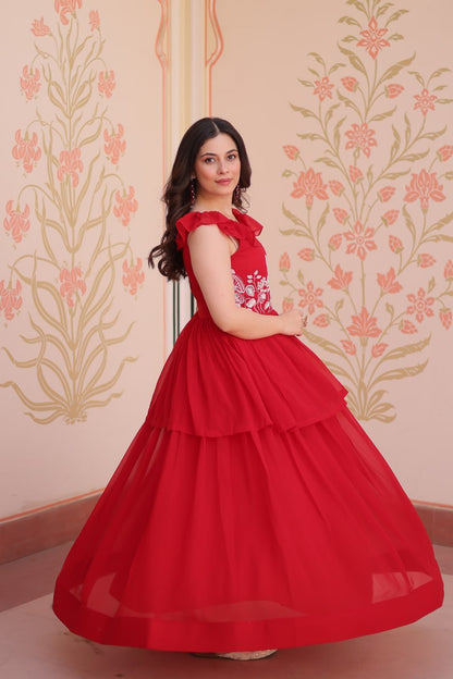 Red Faux Blooming With Beads Embroidered Work Gown