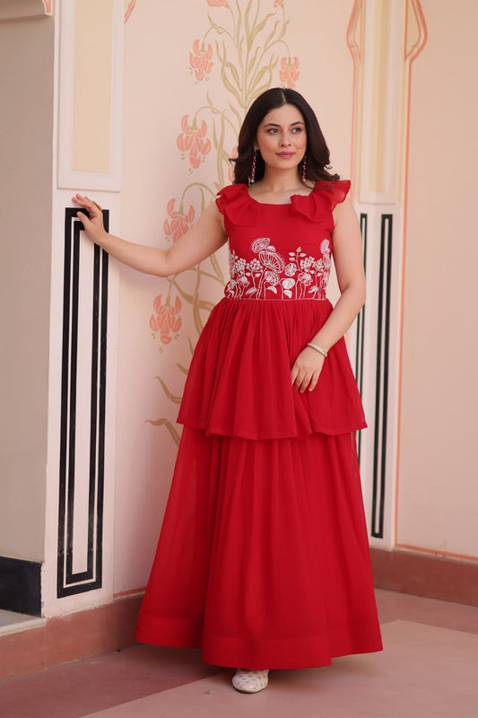 Red Faux Blooming With Beads Embroidered Work Gown