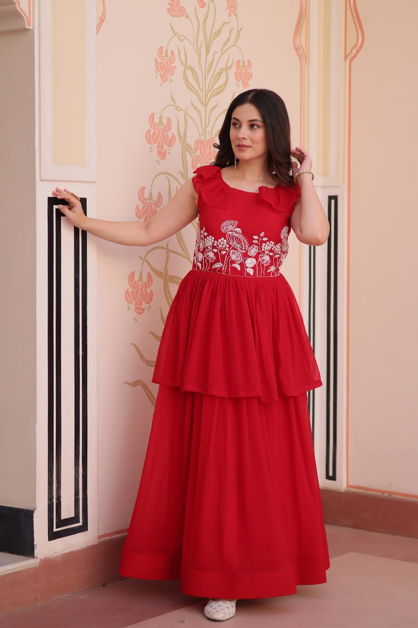 Red Faux Blooming With Beads Embroidered Work Gown