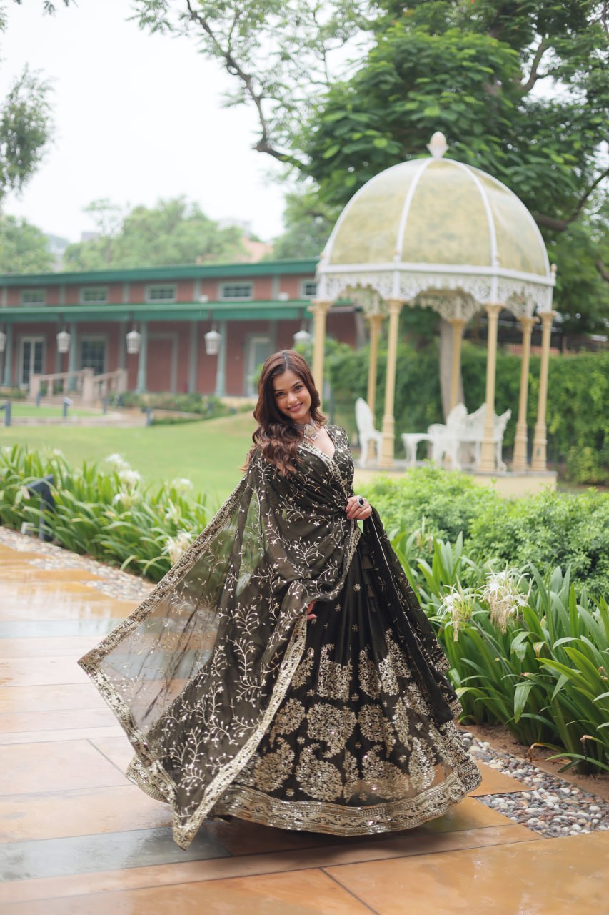 Mehandi Rangoli Silk With Heavy Sequins and Thread Embroidered Work Lehenga