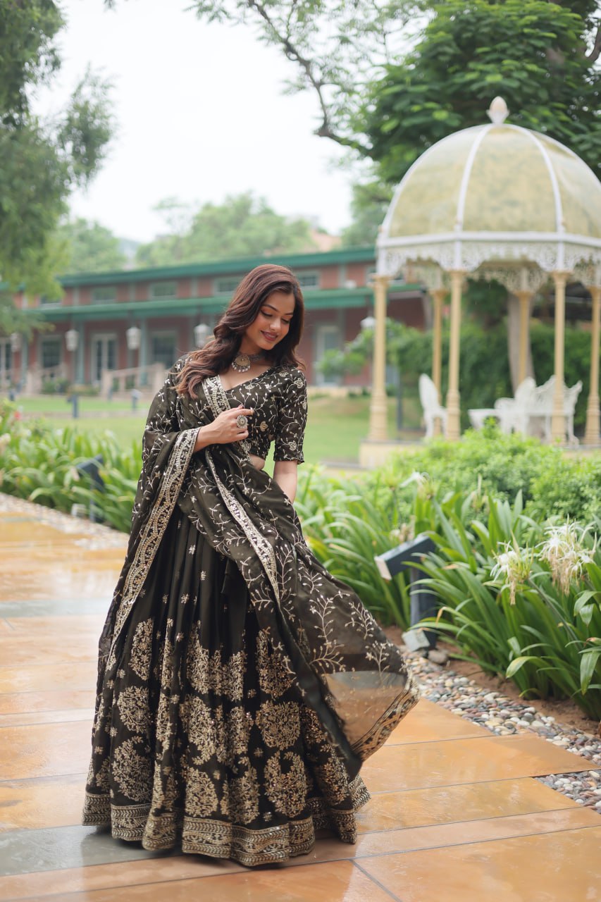 Mehandi Rangoli Silk With Heavy Sequins and Thread Embroidered Work Lehenga