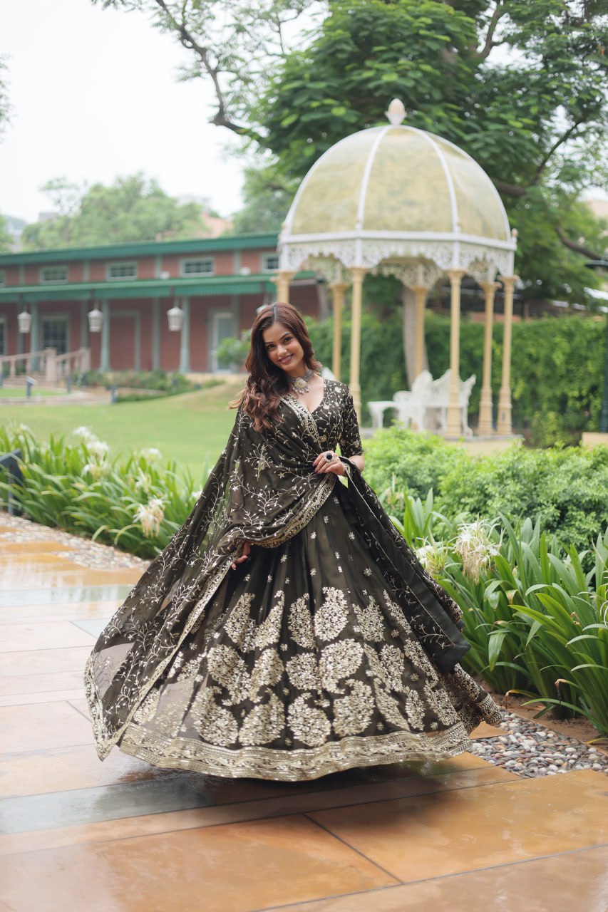 Mehandi Rangoli Silk With Heavy Sequins and Thread Embroidered Work Lehenga