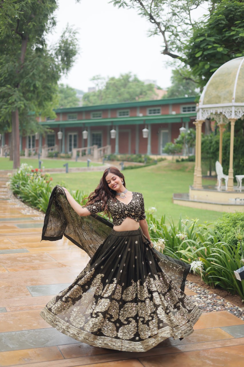 Mehandi Rangoli Silk With Heavy Sequins and Thread Embroidered Work Lehenga