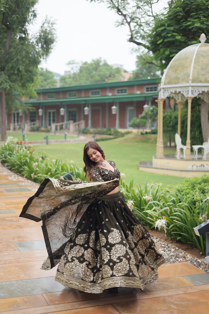 Mehandi Rangoli Silk With Heavy Sequins and Thread Embroidered Work Lehenga