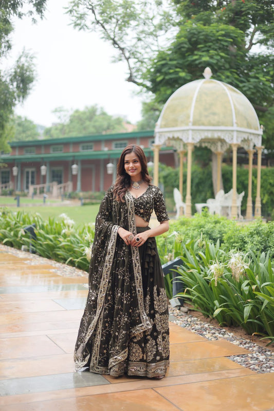 Mehandi Rangoli Silk With Heavy Sequins and Thread Embroidered Work Lehenga