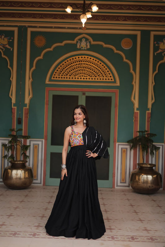 Black Color 14 Kg Reyon Fabric With Designer Lace Work Navratri Gown