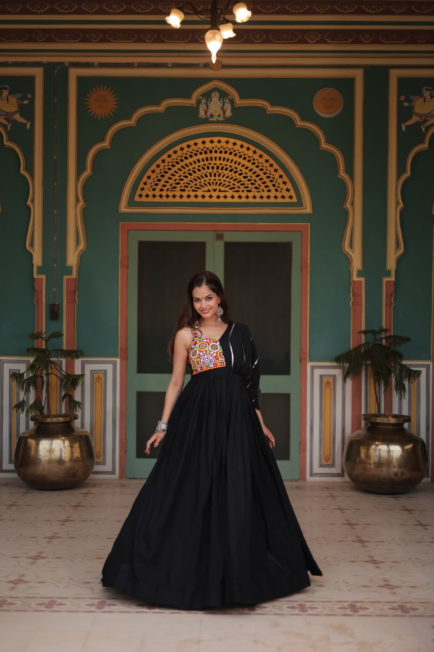 Black Color 14 Kg Reyon Fabric With Designer Lace Work Navratri Gown