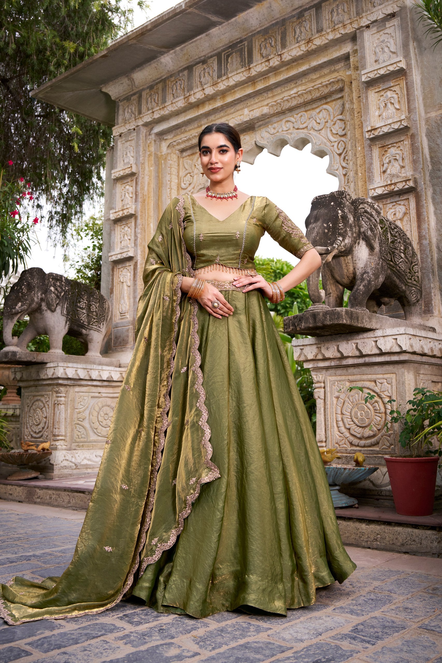 Mehandi Fendi Sequins And Thread Embroidery Work Lehenga Choli