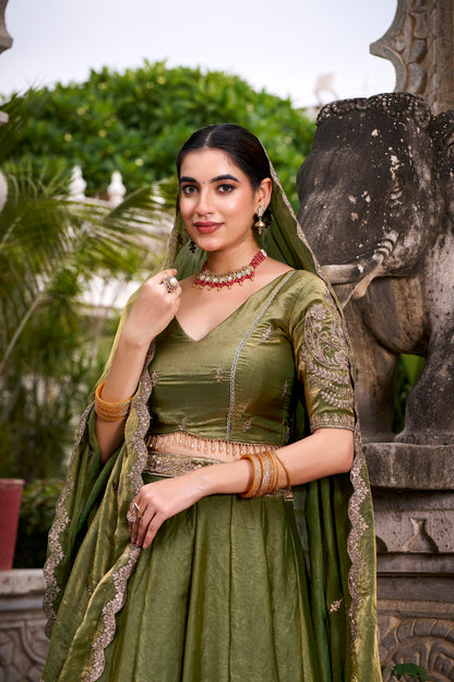 Mehandi Fendi Sequins And Thread Embroidery Work Lehenga Choli