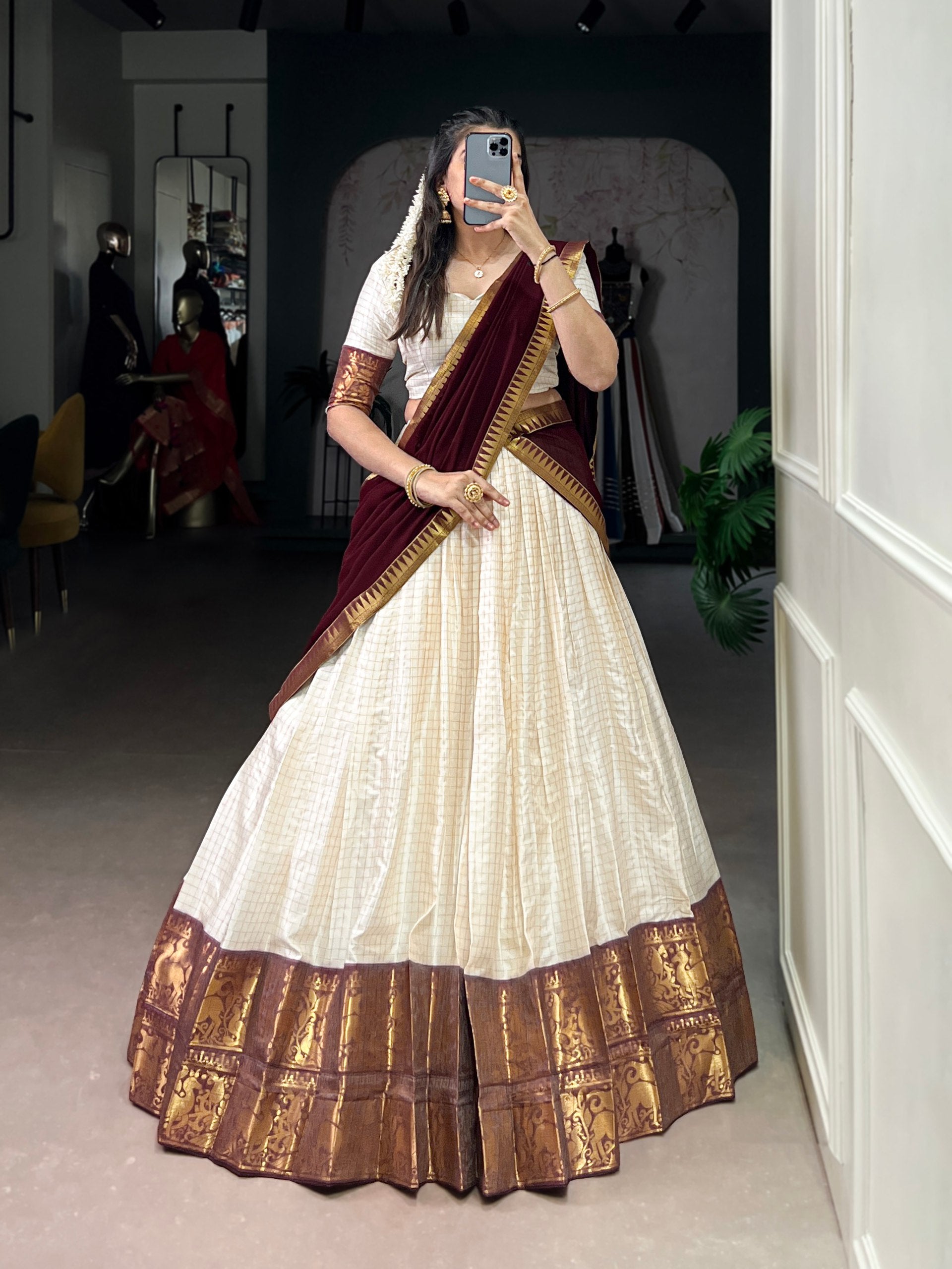 White Poly Cotton Chex With Zari Weaving Work Lehenga Choli