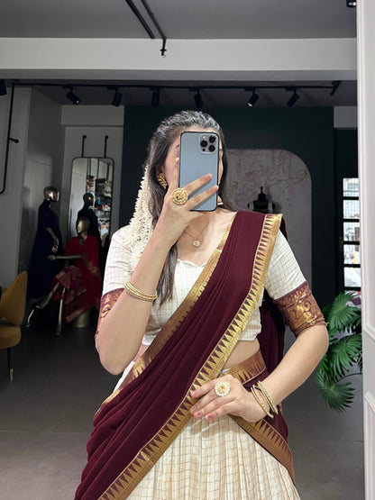 White Poly Cotton Chex With Zari Weaving Work Lehenga Choli