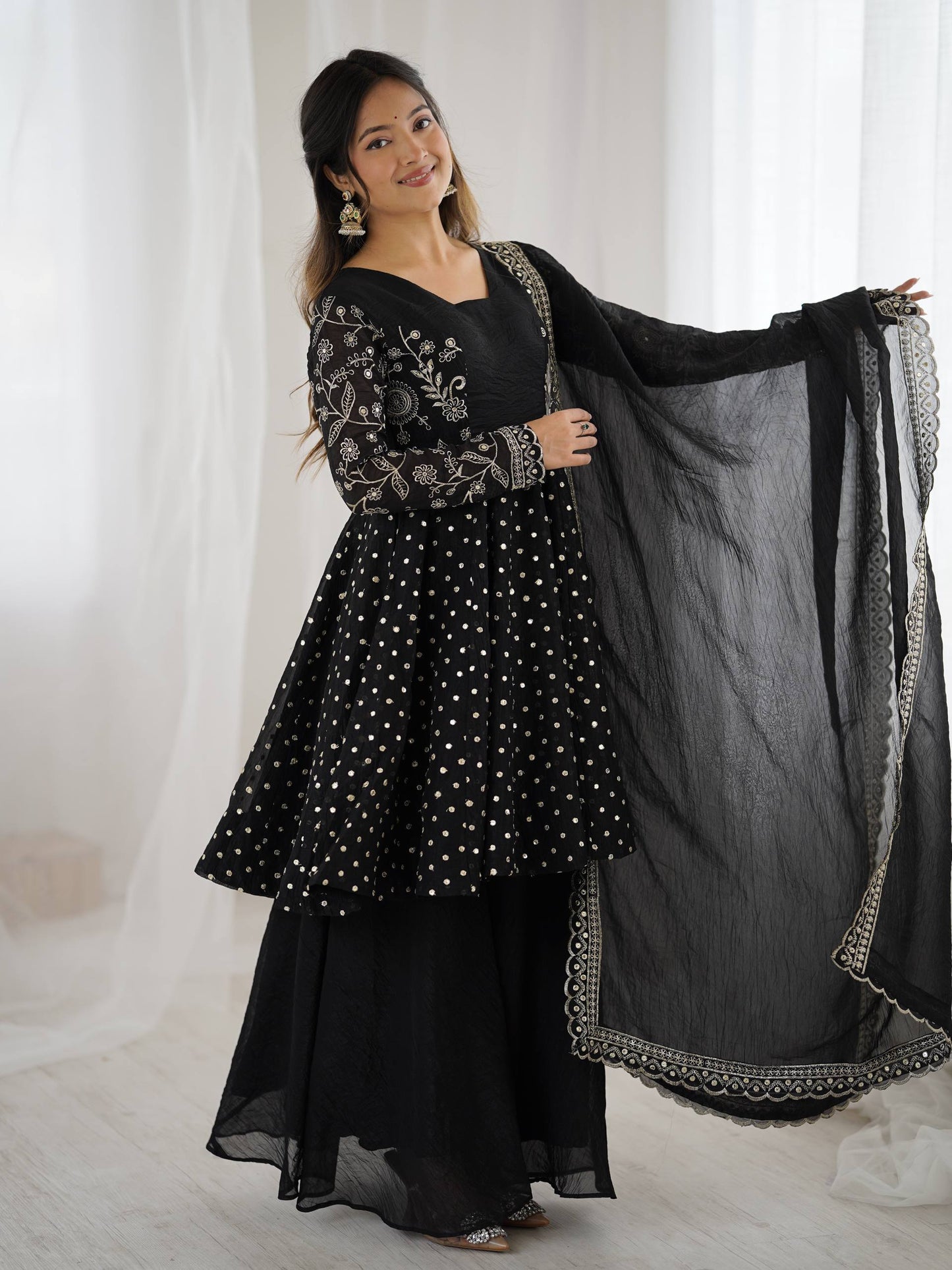 Black Crunchy Silk Embroidery Sequence Work Sharara Suit Set