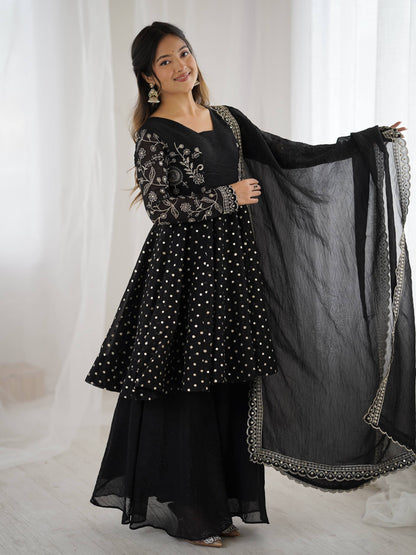 Black Crunchy Silk Embroidery Sequence Work Sharara Suit Set