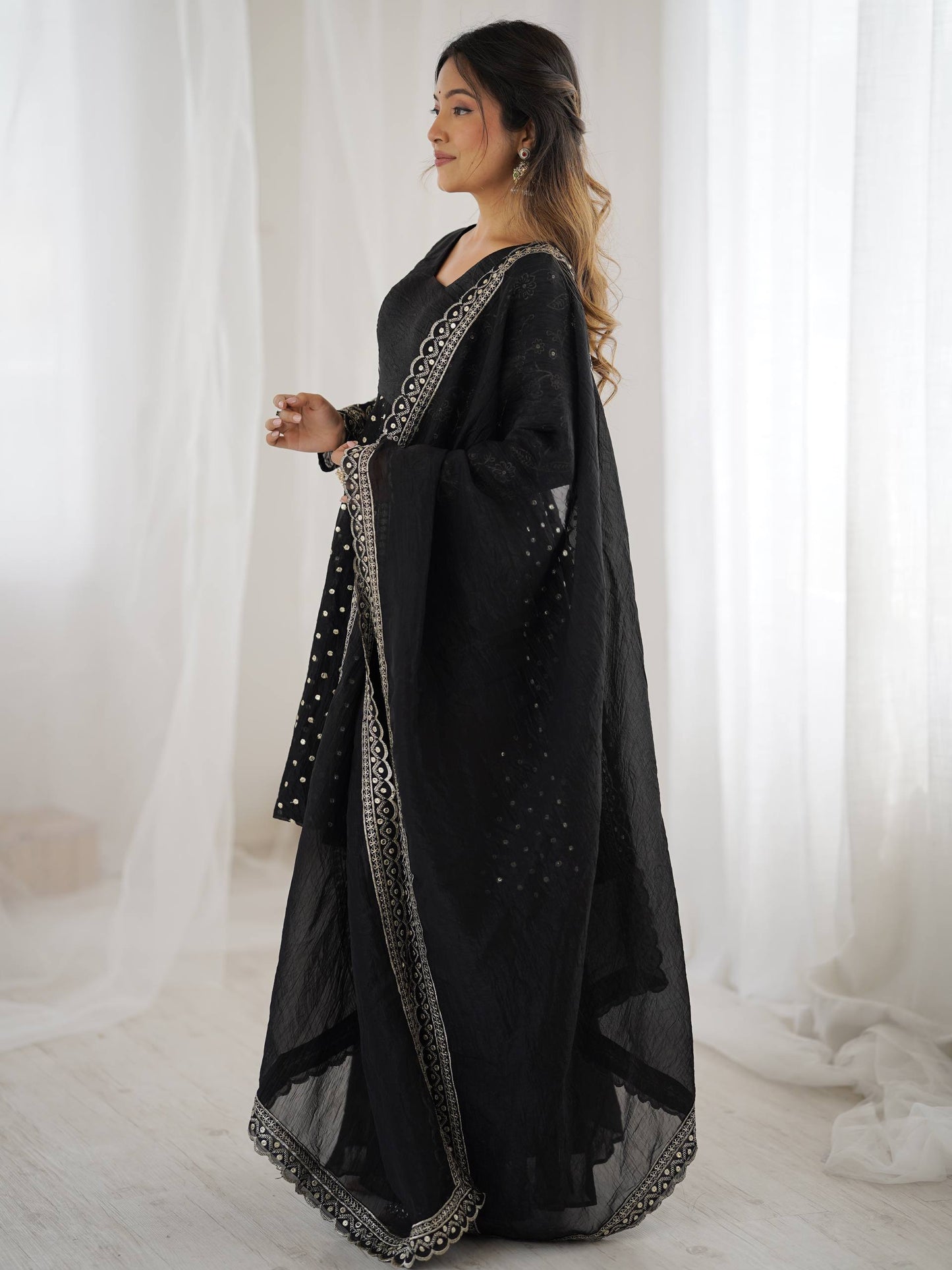 Black Crunchy Silk Embroidery Sequence Work Sharara Suit Set