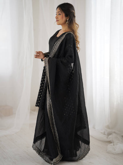 Black Crunchy Silk Embroidery Sequence Work Sharara Suit Set