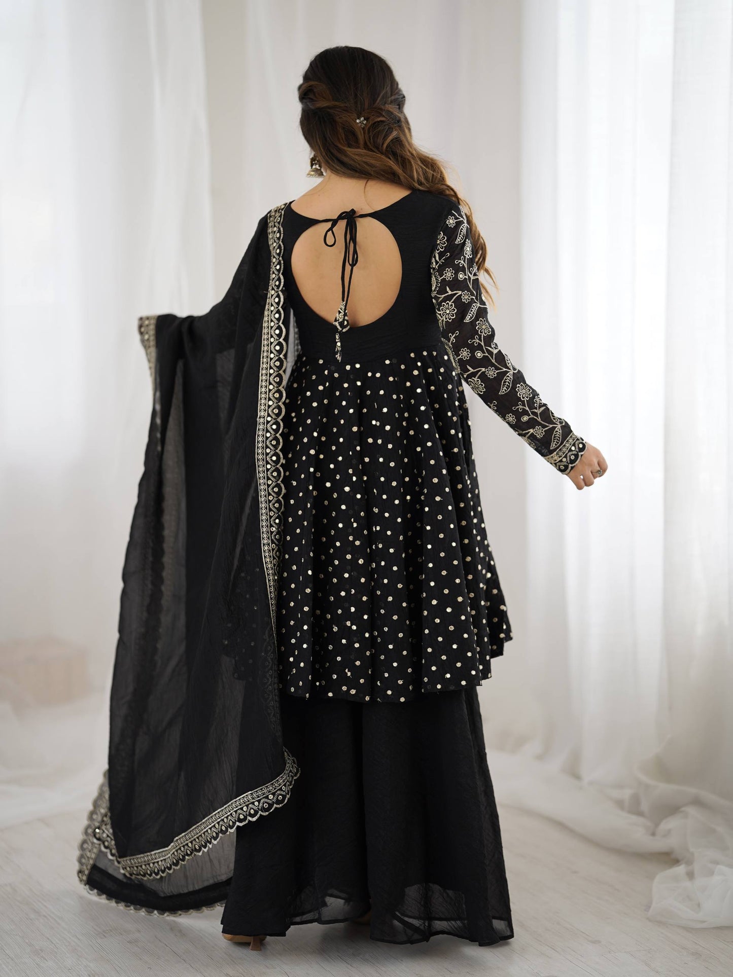 Black Crunchy Silk Embroidery Sequence Work Sharara Suit Set