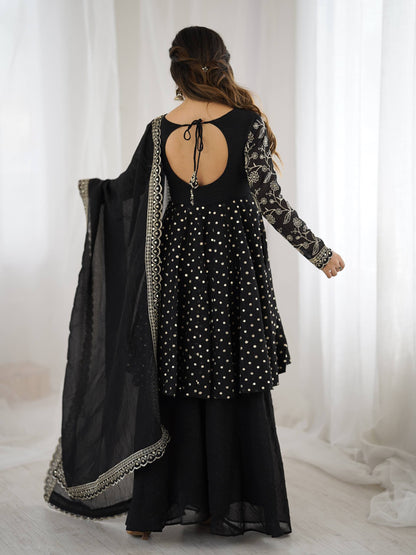 Black Crunchy Silk Embroidery Sequence Work Sharara Suit Set