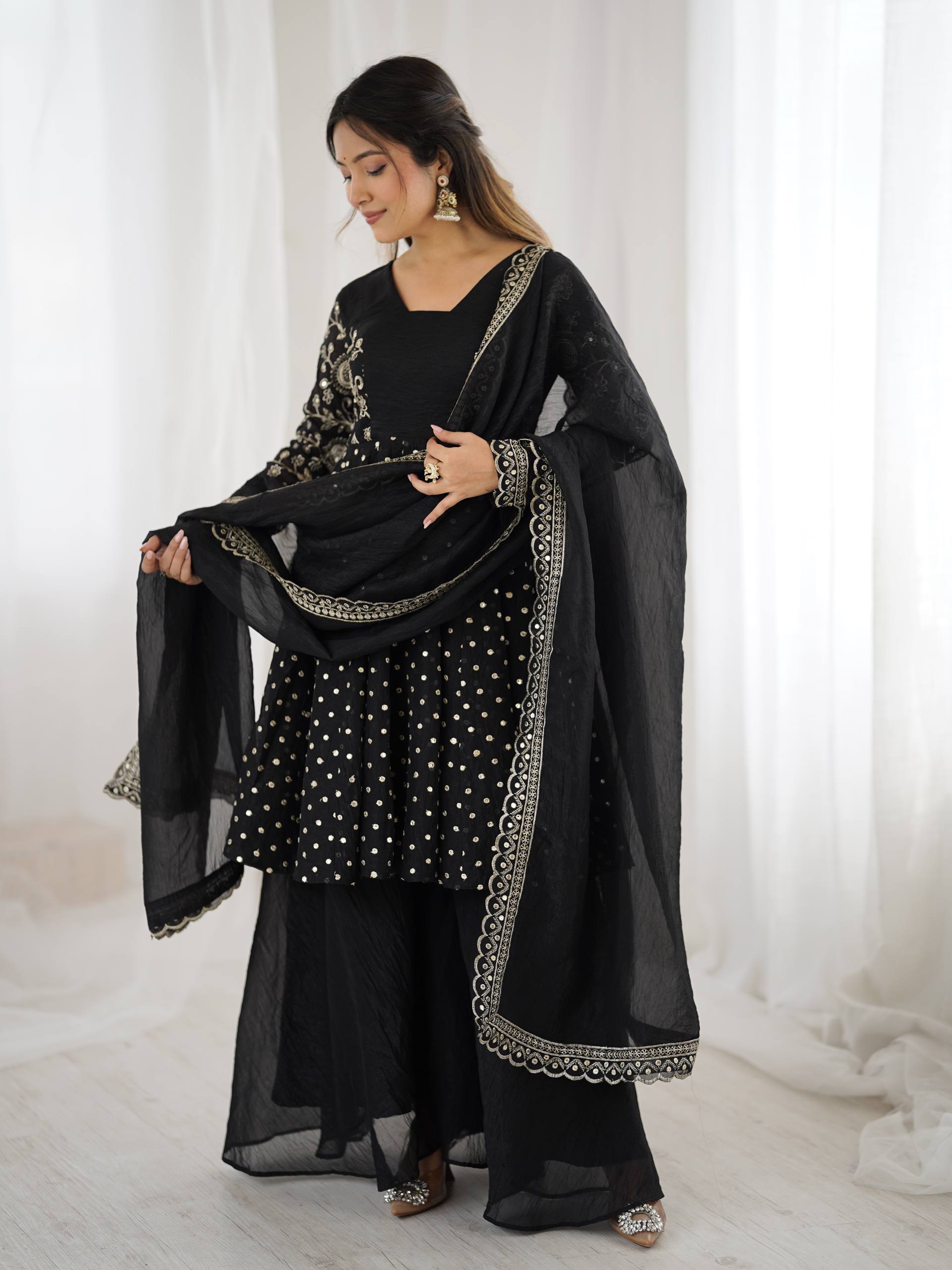 Black Crunchy Silk Embroidery Sequence Work Sharara Suit Set