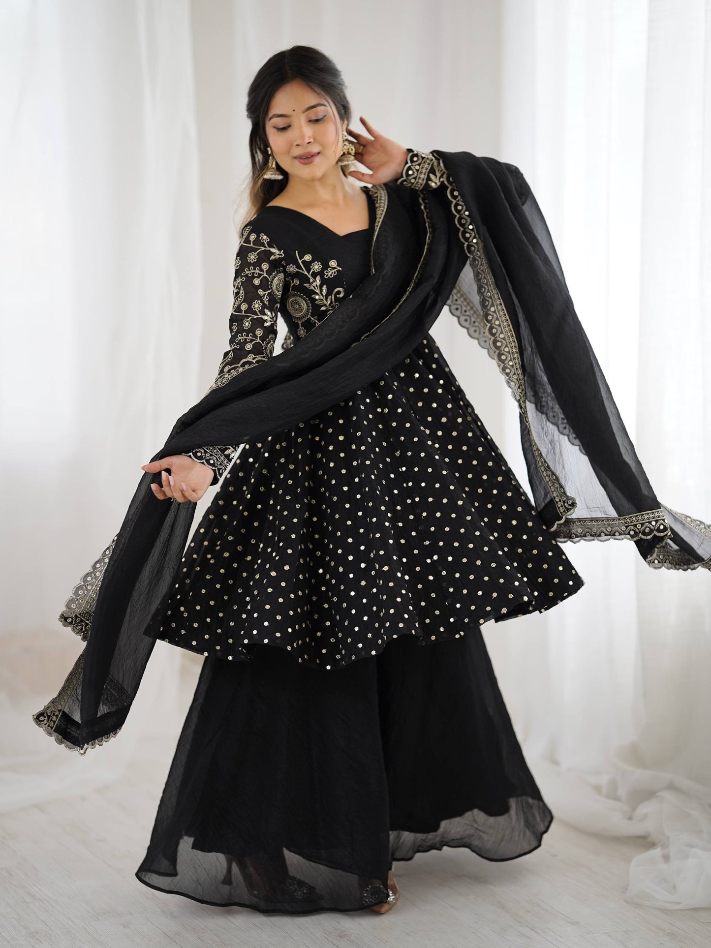Black Crunchy Silk Embroidery Sequence Work Sharara Suit Set
