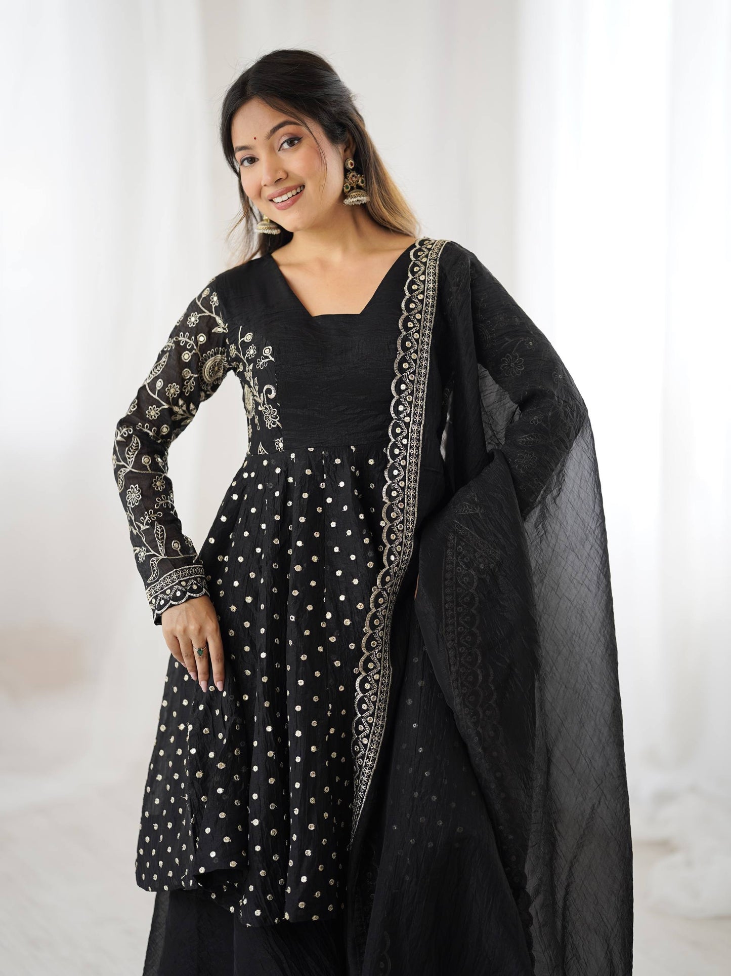 Black Crunchy Silk Embroidery Sequence Work Sharara Suit Set