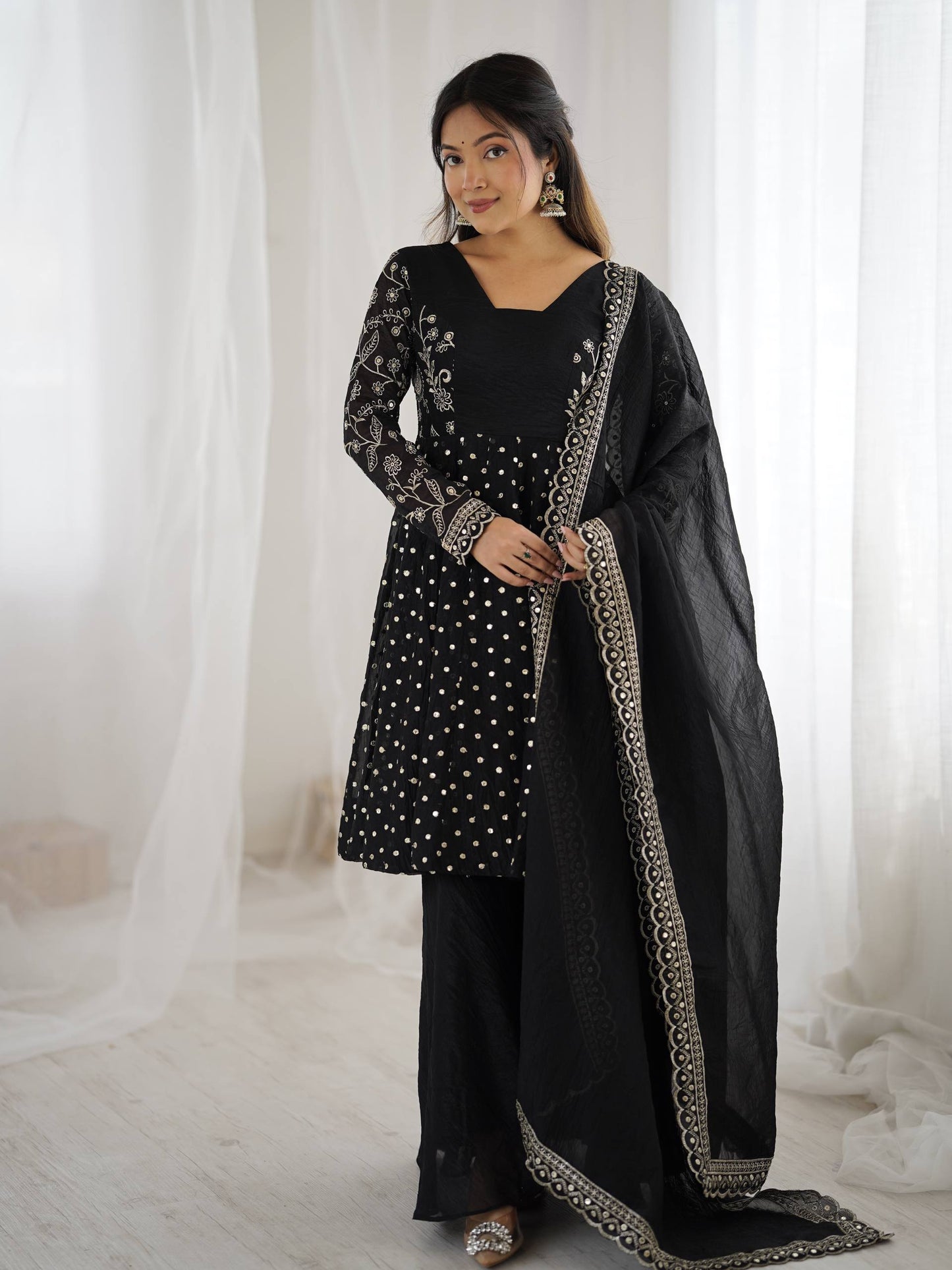 Black Crunchy Silk Embroidery Sequence Work Sharara Suit Set