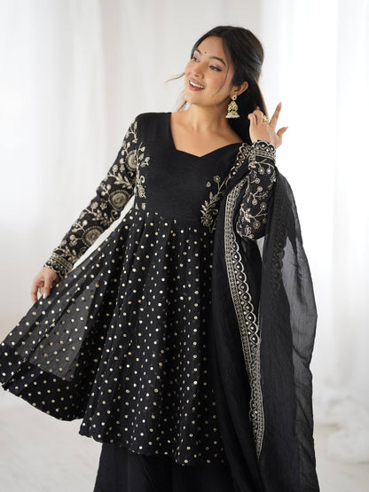 Black Crunchy Silk Embroidery Sequence Work Sharara Suit Set