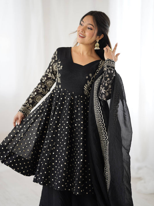 Black Crunchy Silk Embroidery Sequence Work Sharara Suit Set