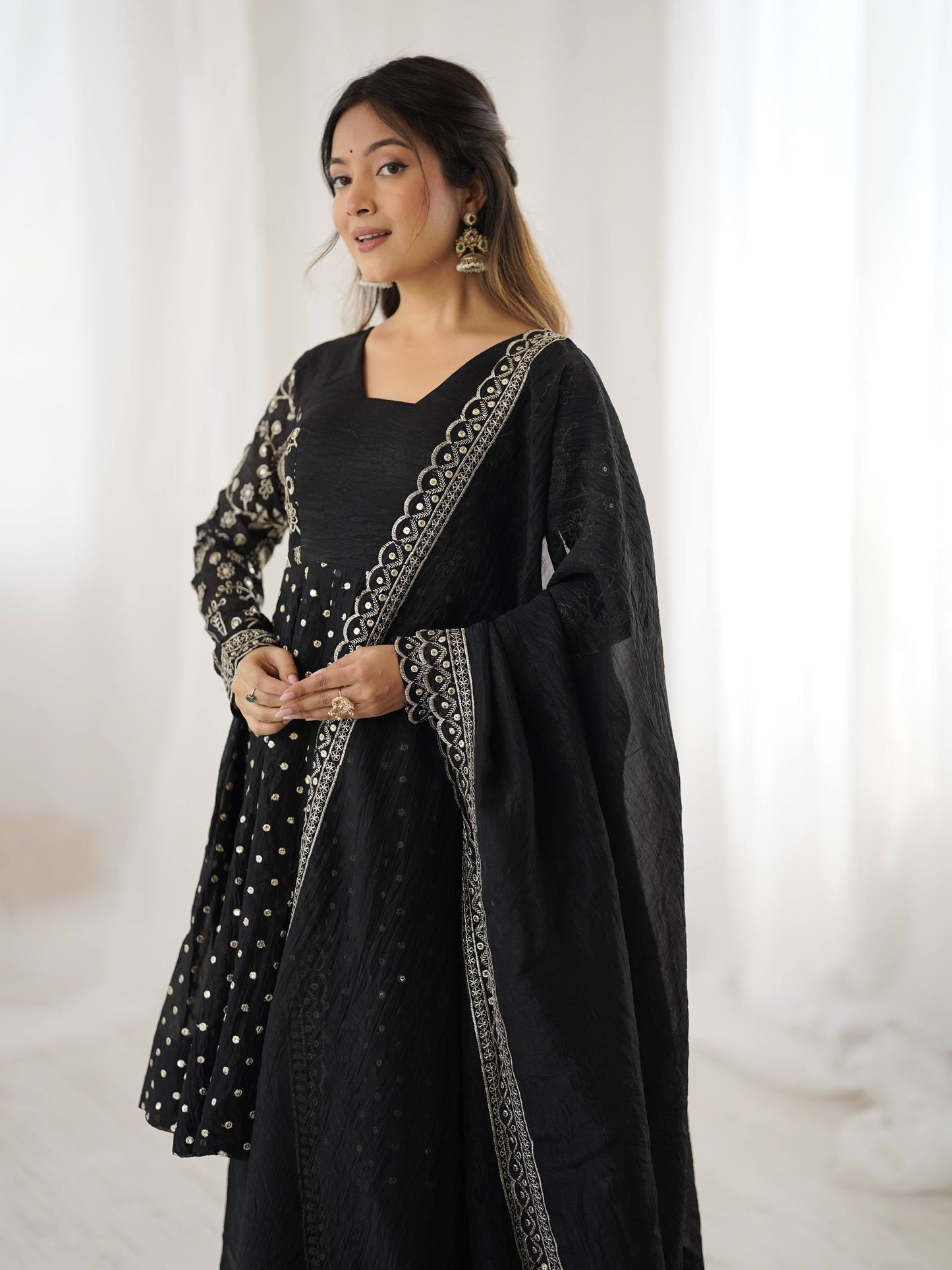 Black Crunchy Silk Embroidery Sequence Work Sharara Suit Set