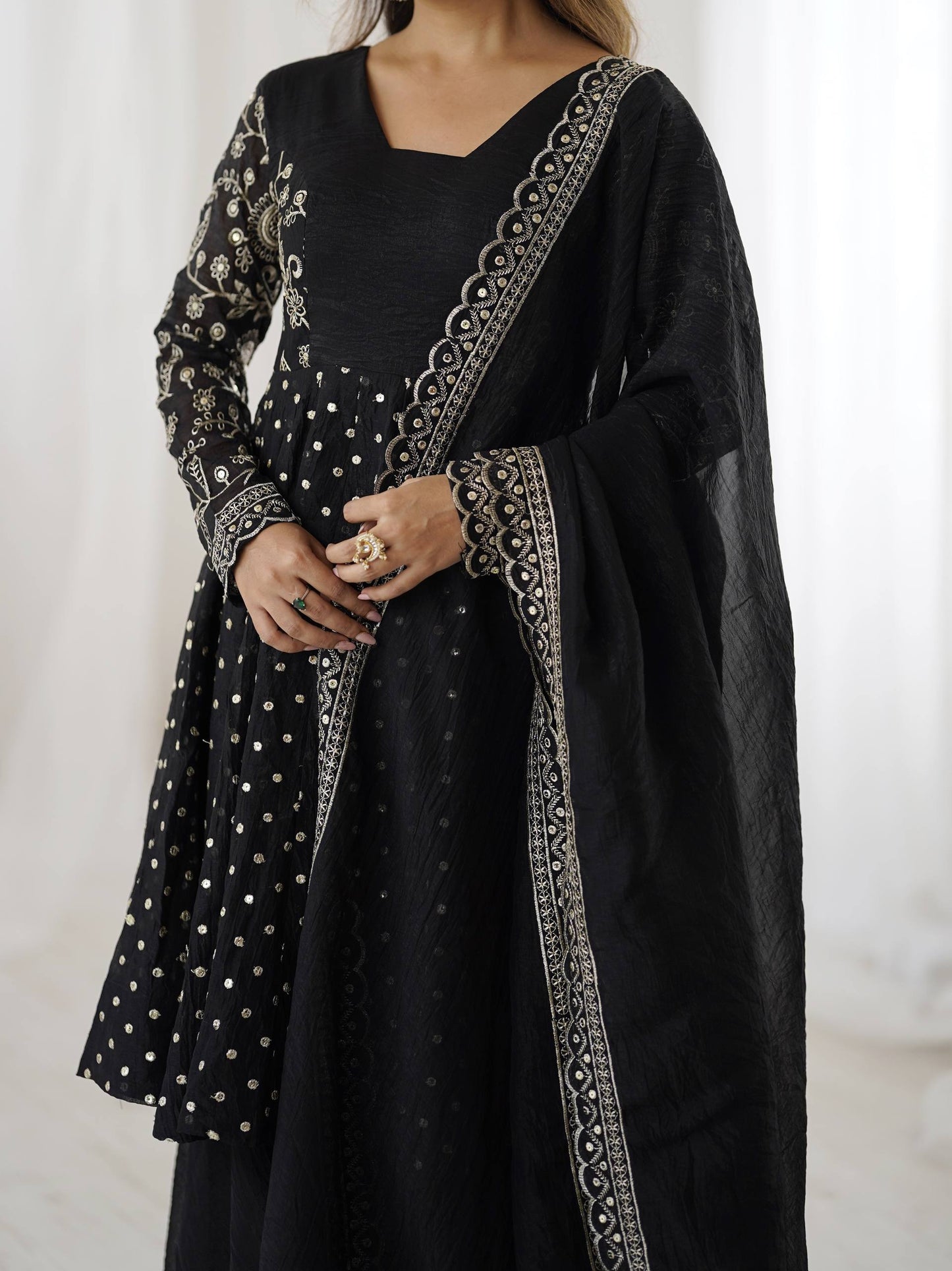 Black Crunchy Silk Embroidery Sequence Work Sharara Suit Set