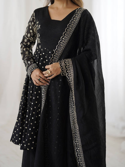 Black Crunchy Silk Embroidery Sequence Work Sharara Suit Set