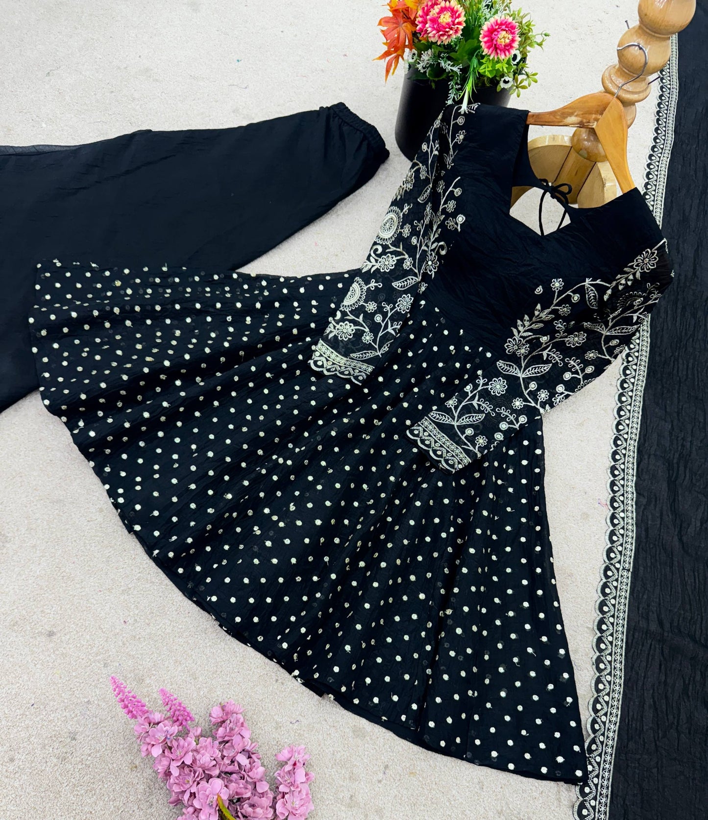 Black Crunchy Silk Embroidery Sequence Work Sharara Suit Set