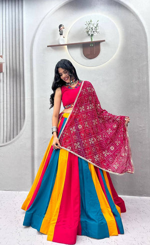 Multi color panel pure cotton Navratri lehenga choli with rani pink hand mirror work blouse and Bandhani printed dupatta