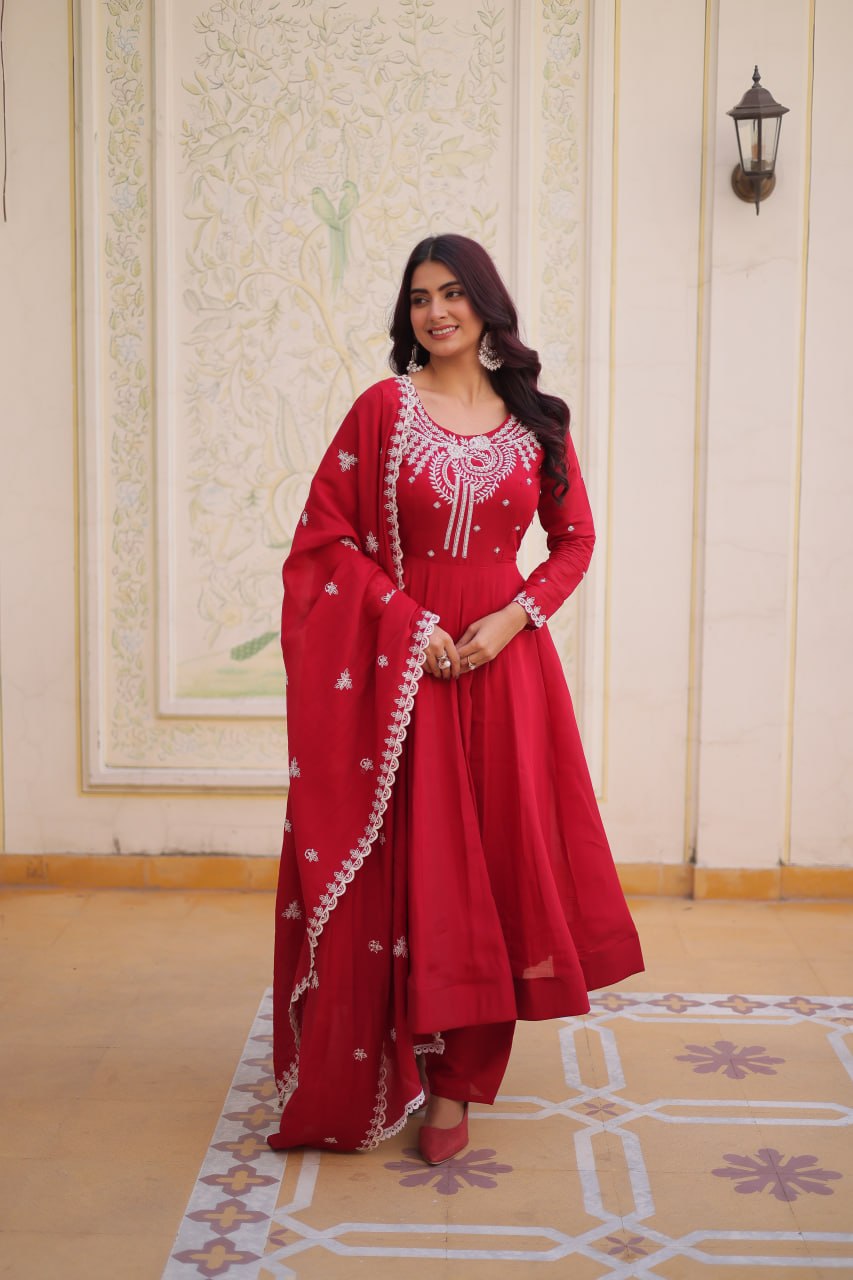 Dark Pink Mal Chanderi Gown with Beads Embroidery – Designer Wedding & Party Wear Gown