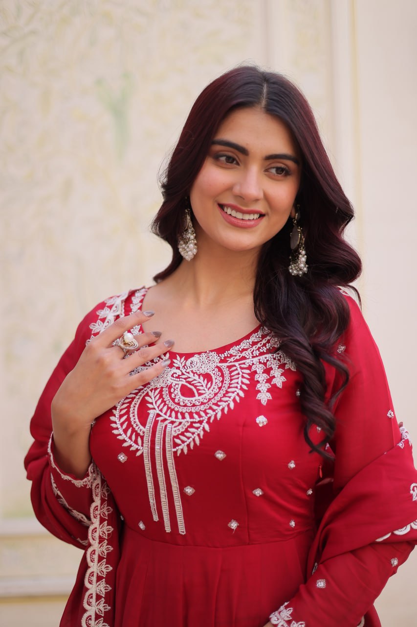 Dark Pink Mal Chanderi Gown with Beads Embroidery – Designer Wedding & Party Wear Gown