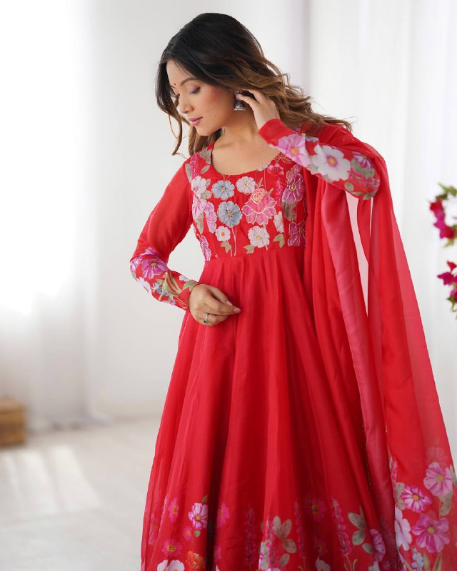 Red Pure Soft Organja Silk Flower Position Outing Work Salwar Suit