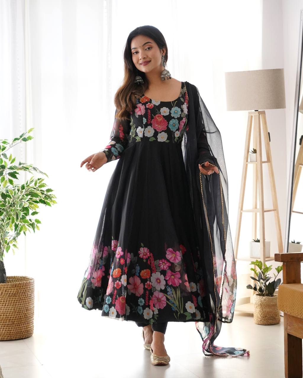 Black Pure Soft Organja Silk Flower Position Outing Work Salwar Suit