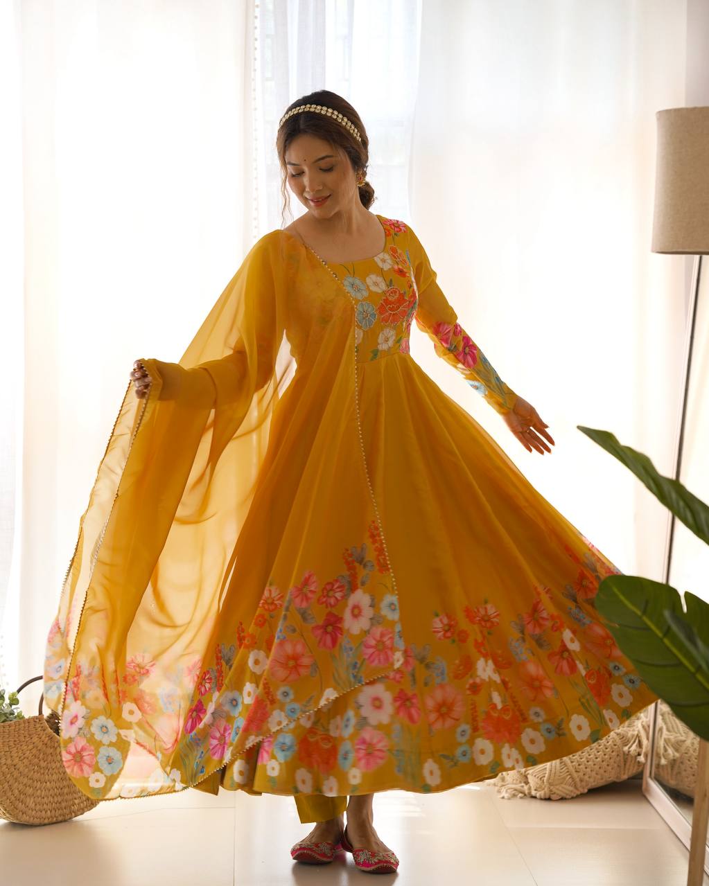 Yellow Pure Soft Organja Silk Flower Position Outing Work Salwar Suit