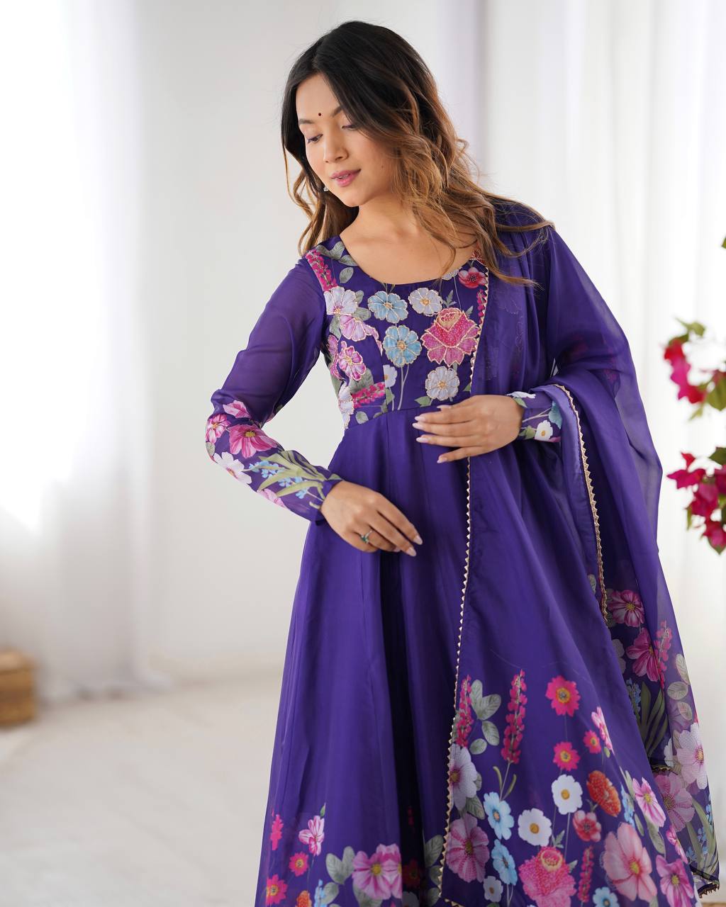 Purple Pure Soft Organja Silk Flower Position Outing Work Salwar Suit