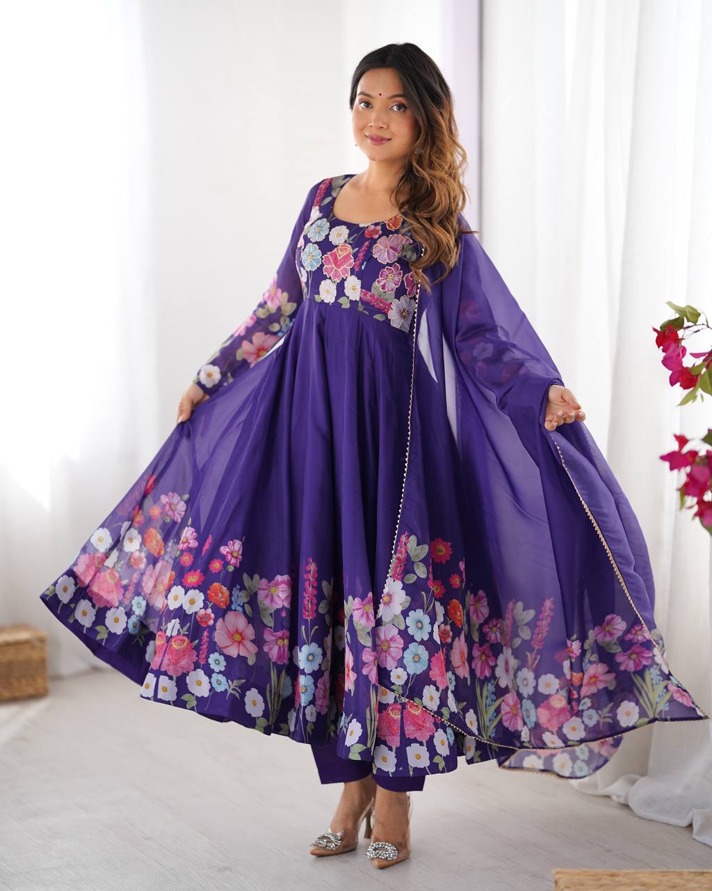 Purple Pure Soft Organja Silk Flower Position Outing Work Salwar Suit