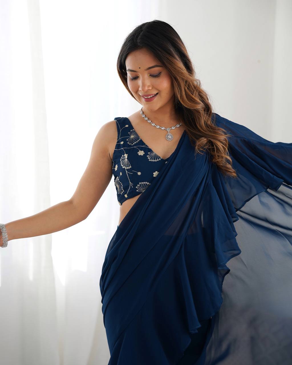 Teal Blue Pure Fox Georgette Emrboidey Jari Work Sharara Saree