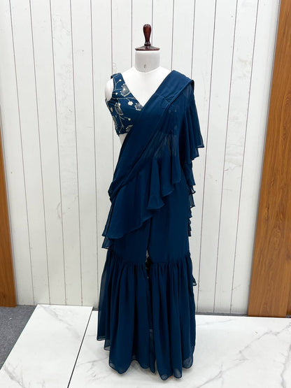 Teal Blue Pure Fox Georgette Emrboidey Jari Work Sharara Saree