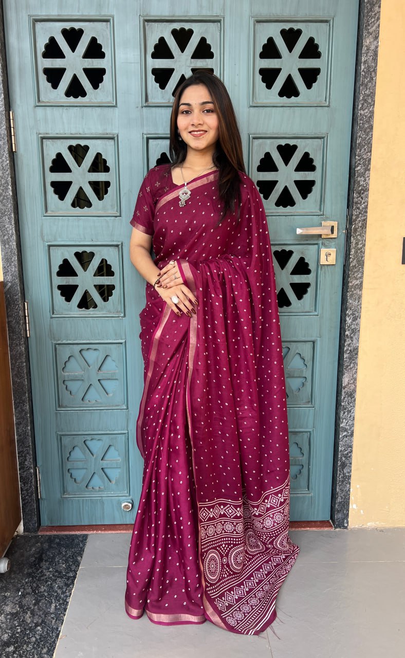 Wine Soft Mal Mal Cotton Silk Print Traditional Saree