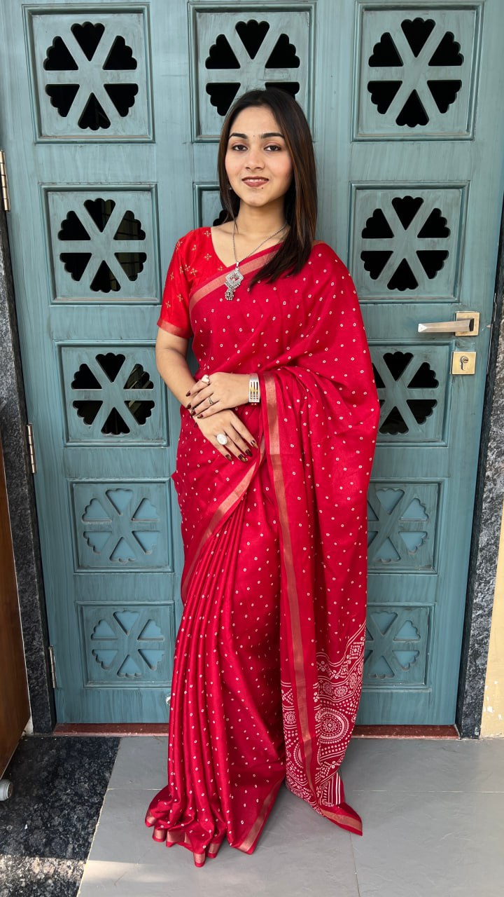 Red Soft Mal Mal Cotton Silk Print Traditional Saree