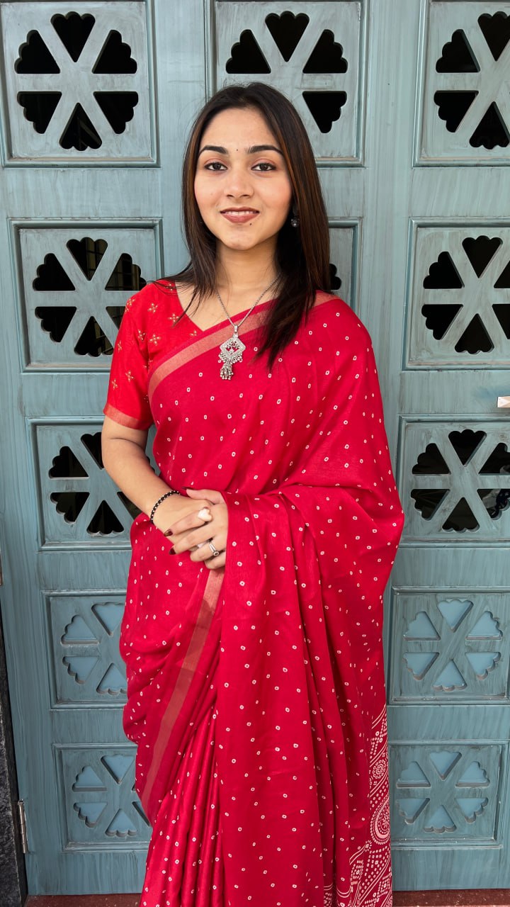 Red Soft Mal Mal Cotton Silk Print Traditional Saree