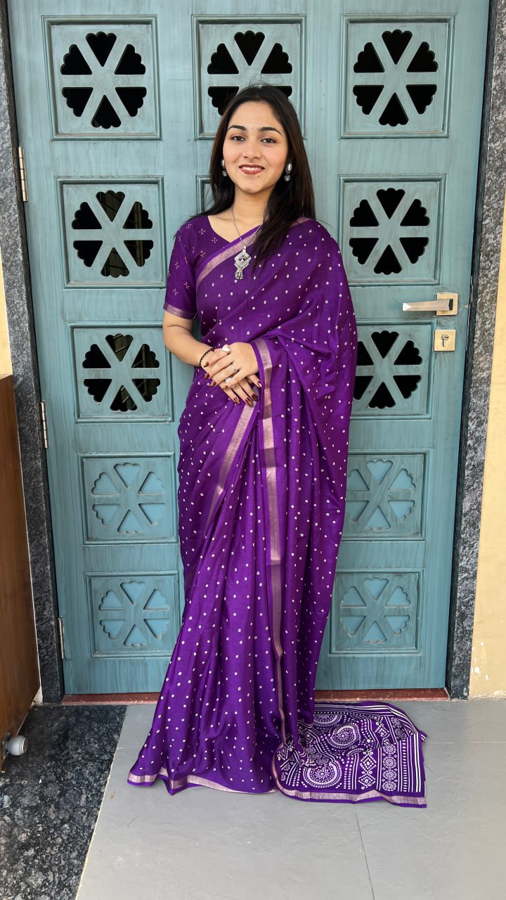 Purple Soft Mal Mal Cotton Silk Print Traditional Saree